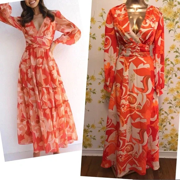 Long sleeve low V neck maxi dress size M - Picture 1 of 11